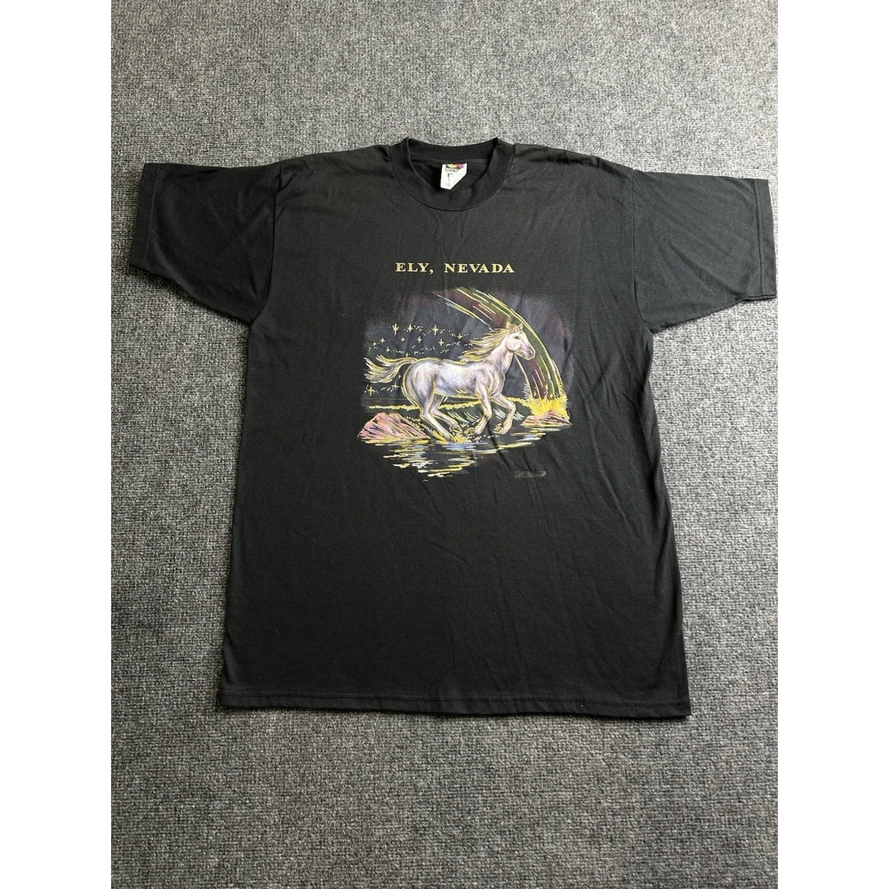 Mens Ely Nevada Unicorn Fantasy Graphic Black T Shirt Fruit of the Loom, Size XL